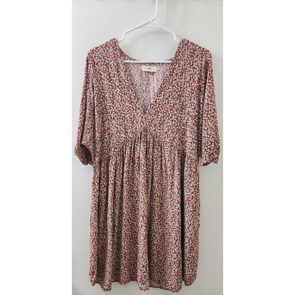 Natural Life Floral Babydoll Dress Red White Ditsy Print V-Neck Pockets Medium